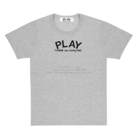 PLAY コムデギャルソン 半袖グレーTシャツ-Playロゴ＆背中に黒ハートプリント-